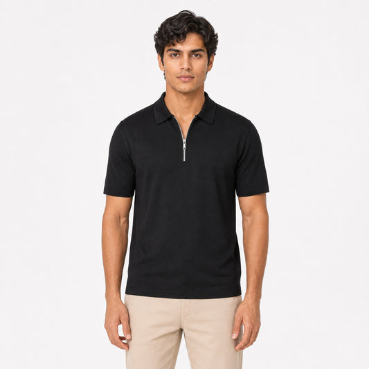 Zipper Pique Polo - Black